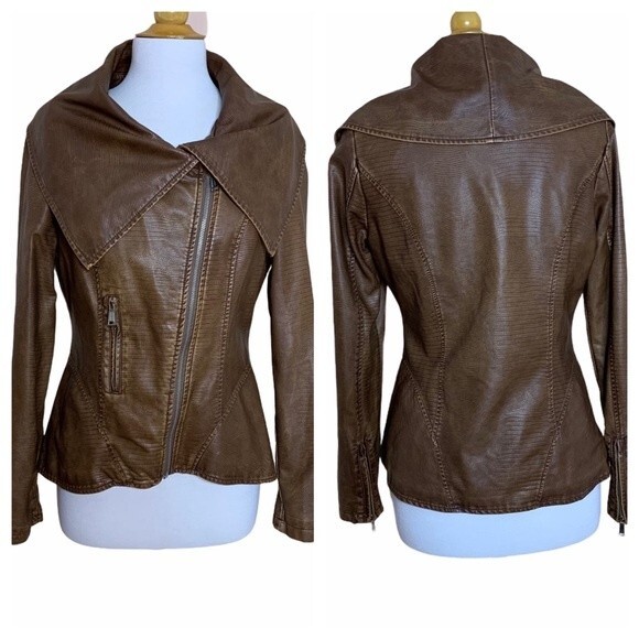 JOUJOU Brown Faux Leather Moto Jacket - Medium - Picture 3 of 10
